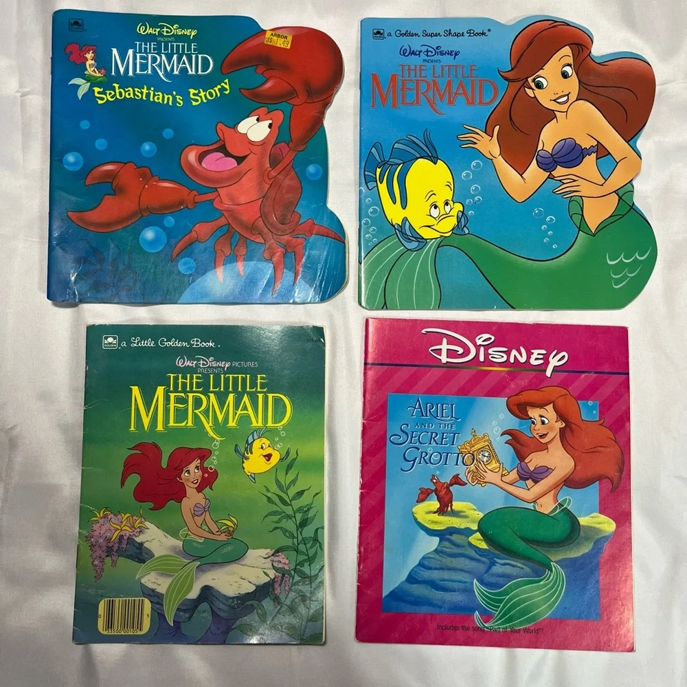 Vintage Little Mermaid Golden Books Lot 4 Disney Ariel Sebastian‎ 1989-90s